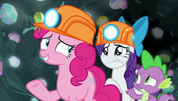 Size: 1920x1090 | Tagged: safe, screencap, pinkie pie, rarity, spike, dragon, g4, rock solid friendship, cave, crying, gem, gem cave, helmet, lip quiver, mining helmet, sweat, teary eyes