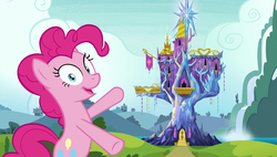 Size: 1920x1090 | Tagged: safe, screencap, pinkie pie, earth pony, pony, g4, rock solid friendship, female, mare, pointing, solo, twilight's castle