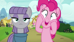 Size: 1920x1090 | Tagged: safe, screencap, maud pie, pinkie pie, earth pony, pony, g4, rock solid friendship, duo, faic, happy, hooves on cheeks, smiling, squishy cheeks