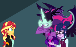 Size: 1506x928 | Tagged: safe, artist:anonymous, sci-twi, sunset shimmer, twilight sparkle, equestria girls, g4, choker, clothes, eye contact, eyes closed, frown, glasses, jacket, looking at each other, midnight sparkle, parody, samurai jack, self paradox, shirt