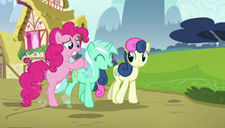 Size: 1920x1090 | Tagged: safe, screencap, bon bon, lyra heartstrings, pinkie pie, sweetie drops, earth pony, pony, g4, rock solid friendship