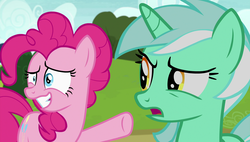 Size: 1920x1090 | Tagged: safe, screencap, lyra heartstrings, pinkie pie, pony, g4, rock solid friendship, confused, unamused