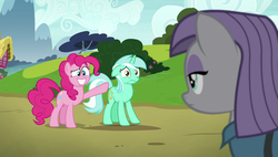 Size: 1920x1090 | Tagged: safe, screencap, lyra heartstrings, maud pie, pinkie pie, pony, g4, rock solid friendship, pointing, uncomfortable