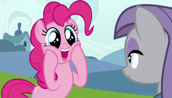 Size: 1920x1090 | Tagged: safe, screencap, maud pie, pinkie pie, earth pony, pony, g4, rock solid friendship, cute, duo, excited, hooves on cheeks, hooves on face, open mouth, open smile, smiling, squishy cheeks