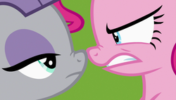 Size: 1920x1090 | Tagged: safe, screencap, maud pie, pinkie pie, earth pony, pony, g4, rock solid friendship, season 7, angry, boop, duo, female, mare, maud being maud, nose wrinkle, noseboop, siblings, sisters