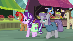 Size: 1920x1090 | Tagged: safe, screencap, blues, cherry spices, maud pie, noteworthy, starlight glimmer, earth pony, pony, unicorn, g4, rock solid friendship, background pony, female, fruit stand, male, mare, market, ponyville market, stallion