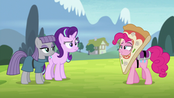 Size: 1920x1090 | Tagged: safe, screencap, maud pie, pinkie pie, starlight glimmer, earth pony, pony, g4, rock solid friendship, pizza head, pizza pie, raised eyebrow