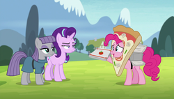 Size: 1920x1090 | Tagged: safe, screencap, maud pie, pinkie pie, starlight glimmer, earth pony, pony, g4, rock solid friendship, pizza head, pizza pie