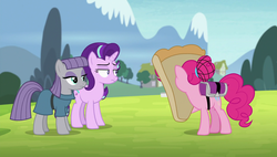 Size: 1920x1090 | Tagged: safe, screencap, maud pie, pinkie pie, starlight glimmer, earth pony, pony, g4, rock solid friendship, hairnet, pizza head, pizza pie