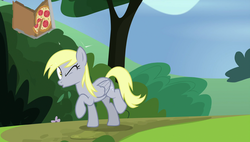 Size: 1920x1090 | Tagged: safe, screencap, derpy hooves, pegasus, pony, g4, rock solid friendship, abuse, alternative cutie mark placement, derpybuse, female, food, inner thigh cutie mark, mare, pizza, solo