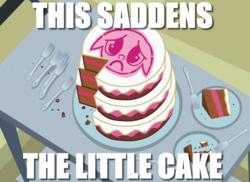 Size: 1400x1020 | Tagged: safe, edit, edited screencap, screencap, a flurry of emotions, g4, :c, apology cake, cake, food, frown, image macro, meme, no pony, text, this saddens