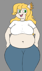 Size: 1200x2000 | Tagged: safe, artist:nopony435, derpibooru exclusive, oc, oc only, oc:mercury stratos, anthro, bbw, belly, belly button, big belly, breasts, chubby, ear feathers, fat, female, flat colors, gray background, hand on hip, simple background, solo, wide hips