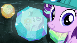 Size: 1920x1090 | Tagged: safe, screencap, maud pie, starlight glimmer, earth pony, pony, g4, rock solid friendship, female, gem, helmet, mare, mining helmet, reflection, smiling, solo focus