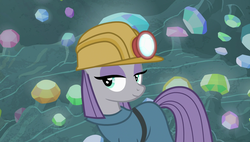 Size: 1920x1090 | Tagged: safe, screencap, maud pie, earth pony, pony, g4, rock solid friendship, cave, female, gem, gem cave, helmet, mining helmet, smiling, solo, when she smiles