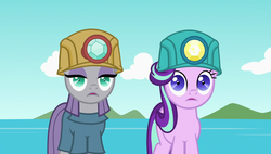 Size: 1920x1090 | Tagged: safe, screencap, maud pie, starlight glimmer, earth pony, pony, g4, rock solid friendship, duo, helmet, mining helmet, shrunken pupils