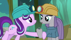 Size: 1920x1090 | Tagged: safe, screencap, boulder (g4), maud pie, starlight glimmer, earth pony, pony, g4, rock solid friendship, helmet, holding hooves, mining helmet