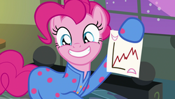 Size: 1920x1090 | Tagged: safe, screencap, pinkie pie, pony, g4, rock solid friendship, chart, clothes, cute, female, footie pajamas, grin, mare, pajamas, pie sisters pajamas, smiling, solo