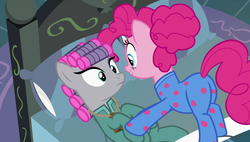 Size: 1920x1090 | Tagged: safe, screencap, maud pie, pinkie pie, earth pony, pony, g4, rock solid friendship, bed, butt, clothes, female, hair curlers, mare, pajamas, pie sisters pajamas, plot