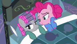 Size: 1920x1090 | Tagged: safe, screencap, maud pie, pinkie pie, earth pony, pony, g4, rock solid friendship, season 7, bed, clothes, curly mane, duo, duo female, female, footed sleeper, footie pajamas, hair curlers, mare, onesie, pajamas, pie sisters, pie sisters pajamas, siblings, sisters, sleepover, slumber party