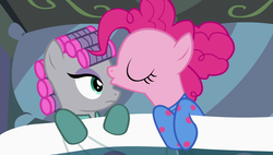 Size: 1920x1090 | Tagged: safe, screencap, maud pie, pinkie pie, earth pony, pony, g4, rock solid friendship, clothes, female, forehead kiss, hair curlers, kissing, pajamas, pie sisters pajamas, platonic kiss, sibling love, siblings, sisterly love, sisters