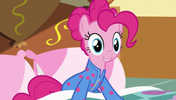Size: 1920x1090 | Tagged: safe, screencap, pinkie pie, pony, g4, rock solid friendship, clothes, female, footed sleeper, mare, pajamas, pie sisters pajamas, solo