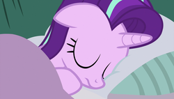 Size: 1920x1090 | Tagged: safe, screencap, starlight glimmer, pony, unicorn, g4, rock solid friendship, bed, blanket, eyes closed, female, floppy ears, lying down, mare, pillow, sleeping, solo, starlight's room