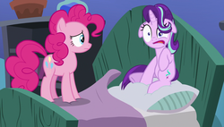 Size: 1920x1090 | Tagged: safe, screencap, pinkie pie, starlight glimmer, earth pony, pony, unicorn, g4, rock solid friendship, bed, faic, female, floppy ears, mare, scared, sitting, starlight's room