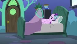 Size: 1920x1090 | Tagged: safe, screencap, starlight glimmer, pony, g4, rock solid friendship, bed, female, hind legs, legs together, magic, mare, solo, starlight's room