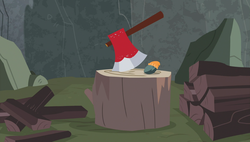 Size: 1920x1090 | Tagged: safe, screencap, boulder (g4), g4, rock solid friendship, axe, chopping block, firewood, hat, lumberjack, stupid sexy boulder, weapon