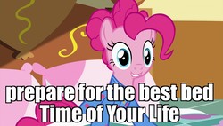 Size: 1920x1090 | Tagged: safe, edit, edited screencap, screencap, pinkie pie, pony, g4, rock solid friendship, clothes, female, footed sleeper, image macro, meme, pajamas, solo