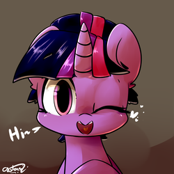 Size: 1750x1750 | Tagged: safe, artist:luxaestas, twilight sparkle, pony, g4, alternate hairstyle, cute, dialogue, female, hair bun, heart, looking at you, mare, one eye closed, smiling, solo, twiabetes, wink