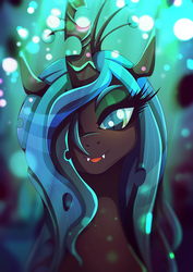 Size: 1357x1920 | Tagged: safe, artist:rariedash, queen chrysalis, changeling, changeling queen, g4, bust, crown, fangs, female, hair over one eye, jewelry, lidded eyes, looking at you, mare, portrait, regalia, smiling, solo
