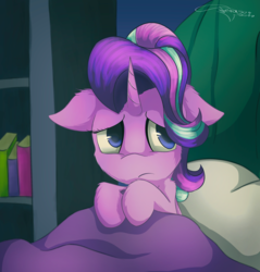 Size: 2200x2300 | Tagged: safe, artist:ferasor, starlight glimmer, pony, unicorn, g4, rock solid friendship, bed, bedsheets, female, floppy ears, high res, mare, pillow, sad, solo