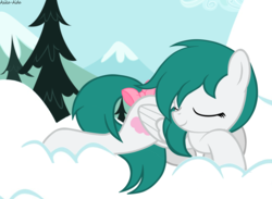 Size: 7122x5201 | Tagged: safe, artist:asika-aida, oc, oc only, oc:flotty cloud, pegasus, pony, absurd resolution, art trade, bow, cloud, female, mare, mountain, pine tree, prone, sky, sleeping, smiling, snow, solo, tail bow, tree