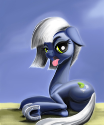 Size: 1650x1970 | Tagged: safe, artist:ponsce, limestone pie, earth pony, pony, g4, bleh, butt, female, floppy ears, horseshoes, plot, prone, solo, tongue out