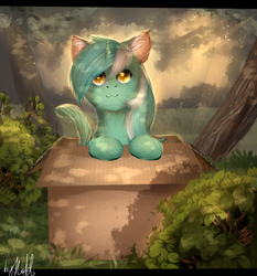 Size: 932x1000 | Tagged: safe, artist:moonwolfpony, lyra heartstrings, cat, cat pony, original species, pony, unicorn, g4, :3, box, cute, female, heart eyes, mare, smiling, solo, species swap, wingding eyes