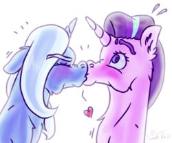 Size: 1024x853 | Tagged: safe, artist:sandutita, starlight glimmer, trixie, pony, unicorn, g4, duo, eyes closed, female, heart, kiss on the lips, kissing, lesbian, mare, ship:startrix, shipping, simple background, white background