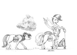 Size: 1500x1065 | Tagged: safe, artist:baron engel, apple bloom, scootaloo, sweetie belle, pony, g4, angry, cloud, cutie mark crusaders, female, filly, grayscale, looking back, mare, monochrome, pencil drawing, scooter, simple background, traditional art, trio, white background