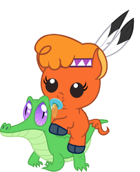 Size: 986x1217 | Tagged: safe, artist:red4567, gummy, little strongheart, bison, buffalo, g4, adoraheart, baby, calf, cute, little strongheart riding gummy, pacifier, riding, simple background, white background, younger