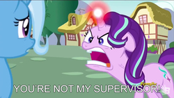 Size: 1280x720 | Tagged: safe, screencap, starlight glimmer, trixie, pony, all bottled up, g4, angry, archer (show), glowing horn, horn, image macro, meme, ragelight glimmer, vein, vein bulge