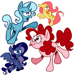 Size: 1024x1024 | Tagged: safe, artist:woollily, fluttershy, pinkie pie, princess luna, trixie, alicorn, earth pony, pegasus, pony, unicorn, g4, derp, floppy ears, flying, heart eyes, open mouth, pinkie derp, raised hoof, simple background, sitting, smiling, spread wings, tongue out, white background, wingding eyes, wings