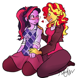 Size: 3514x3589 | Tagged: dead source, safe, artist:shellielle, sci-twi, sunset shimmer, twilight sparkle, equestria girls, g4, commission, female, grin, heart, high res, kneeling, lesbian, looking at each other, ship:sci-twishimmer, ship:sunsetsparkle, shipping, simple background, smiling