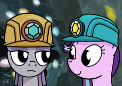 Size: 5333x3750 | Tagged: safe, artist:up-world, maud pie, starlight glimmer, earth pony, pony, unicorn, g4, rock solid friendship, absurd resolution, cave, duo, female, gem, hard hat, hat, helmet, mare, mining helmet, rock, serious, serious face, smiling