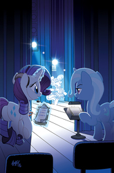 Size: 755x1147 | Tagged: safe, artist:tony fleecs, idw, rarity, sapphire shores, trixie, pony, unicorn, friends forever #37, g4, my little pony: friends forever, spoiler:comic, butt, cover, female, headset, magic, mare, plot, rearity, scene, spotlight, telekinesis