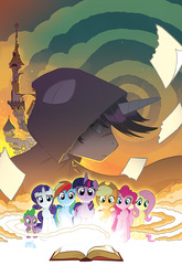 Size: 755x1147 | Tagged: safe, artist:tony fleecs, idw, applejack, fluttershy, pinkie pie, rainbow dash, rarity, shadow lock, spike, twilight sparkle, alicorn, dragon, earth pony, pegasus, pony, unicorn, g4, spoiler:comic, spoiler:comic52, book, canterlot, cloak, clothes, cover, female, fire, frown, male, mane six, mare, no logo, scar, stallion, textless, twilight sparkle (alicorn)