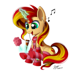 Size: 3000x2813 | Tagged: safe, artist:duskie-06, sunset shimmer, pony, unicorn, g4, clothes, cotton candy, cute, earbuds, female, food, glowing horn, happy, high res, horn, ice cream, magic, mare, music notes, open mouth, shimmerbetes, simple background, sitting, socks, solo, stockings, striped socks, telekinesis, thigh highs, transparent background
