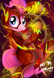 Size: 1024x1453 | Tagged: safe, artist:kumikoponylk, pinkie pie, earth pony, pony, g4, crossover, female, lightning, smiling, solo, the flash, watermark