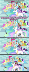 Size: 775x1901 | Tagged: safe, edit, edited screencap, screencap, applejack, fluttershy, pinkie pie, princess celestia, rainbow dash, rarity, twilight sparkle, alicorn, earth pony, pegasus, pony, unicorn, a canterlot wedding, g4, bottle, drunk, drunklestia, mane six, screencap comic