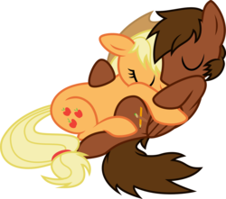 Size: 2267x2000 | Tagged: safe, artist:audiobeatzz, applejack, oc, oc:plushie, pegasus, pony, g4, canon x oc, cuddling, high res, male, shipping, simple background, stallion, transparent background