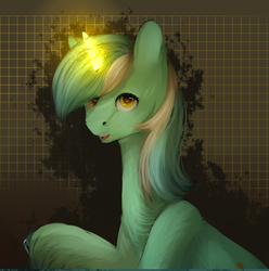 Size: 1000x1007 | Tagged: safe, artist:moonwolfpony, lyra heartstrings, pony, unicorn, g4, abstract background, female, glowing horn, horn, mare, solo, unshorn fetlocks